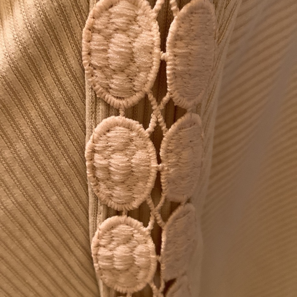 NORACORA Beige Ribbed Knit Batwing Sweater Lace Sleeve Detail Deep Cuff Boatneck - Picture 7 of 15
